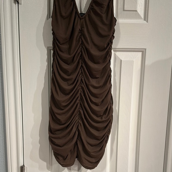 White Fox Boutique Brown Ruched Halter Mesh Bodycon Mini Dress Women’s Small - Picture 1 of 9
